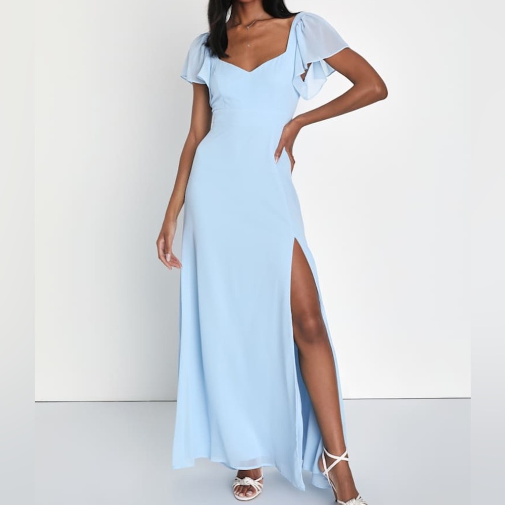 Lulus Simply Delightful Light Blue Tie-Back Flutter Sleeve Maxi Dress 1X
